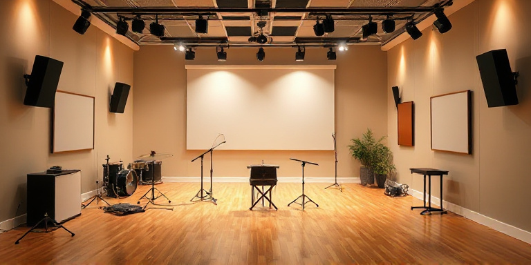 Modern music teacher using a tablet and laptop in a bright, organized studio with instruments