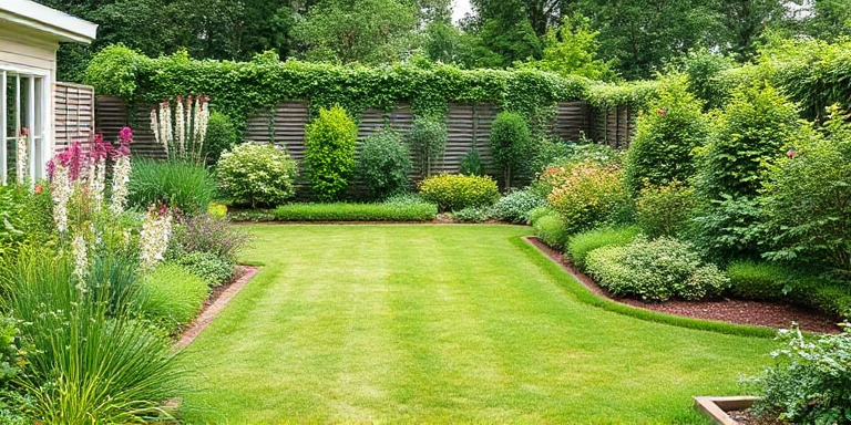 Gardener smiling while checking a tablet in a beautiful garden, representing efficient business management.