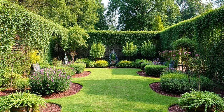 A thriving gardener using a tablet to manage client bookings in a beautiful garden