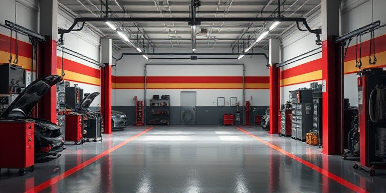 Modern auto mechanic using a tablet to manage appointments in a clean, organized workshop